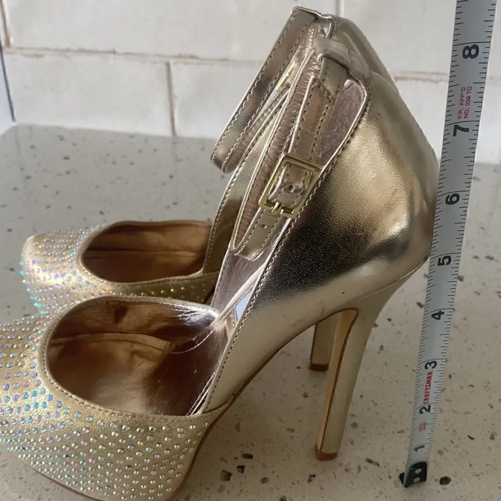 Steve Madden MEA Gold Bling Platform Stiletto Heels Ankle Strap Size Size 6